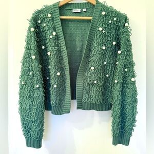 Vintage Boho Glam Green Pearl & Loop Textured Pattern Knit Open Cardigan Sweater